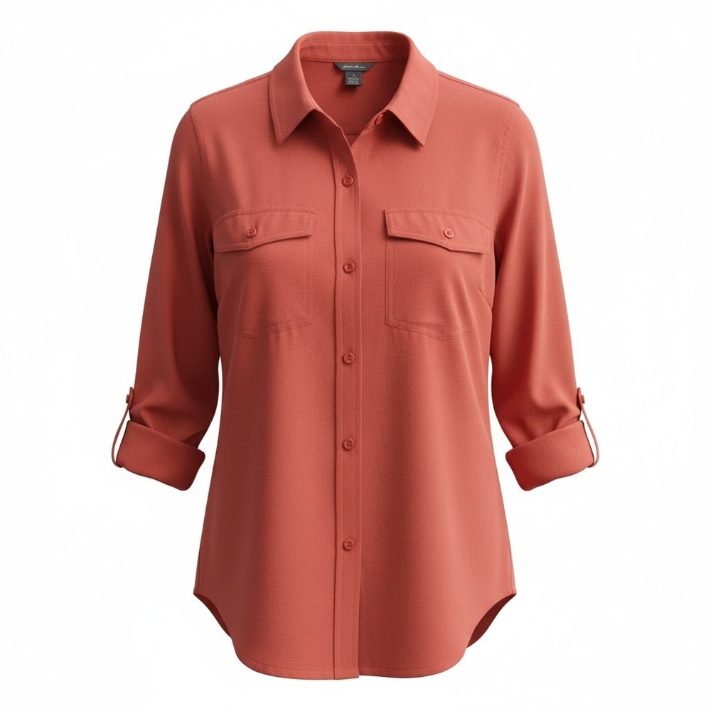 Eddie‎ Bauer Button Down Shirt Top Women's Med Coral Tab Sleeve Lightweight
